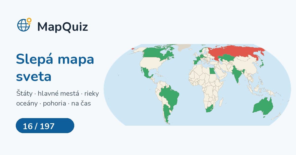 MapQuiz – slepá mapa sveta s nájdenými štátmi vyfarbenými nazeleno