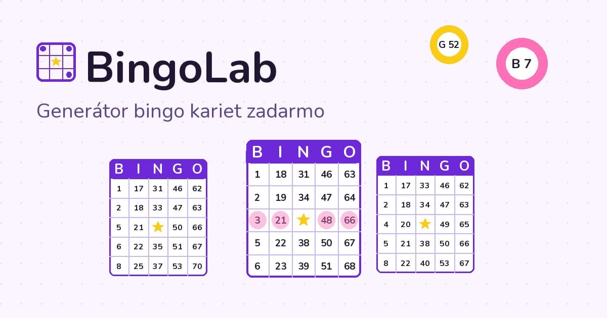 BingoLab – tri bingo karty s číslami, na jednej je vyznačený vyhrávajúci rad