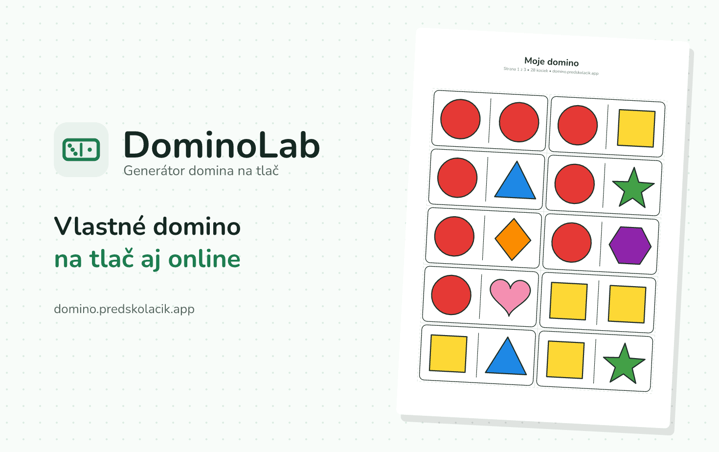 DominoLab – náhľad strany A4 s farebnými kockami domina na tlač