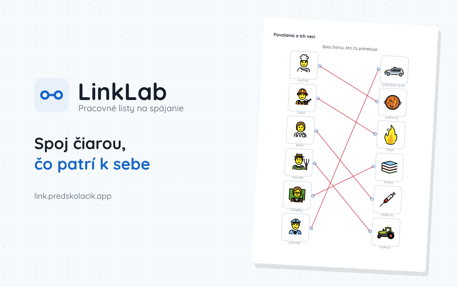 LinkLab – pracovný list na spájanie povolaní s ich vecami, so zakreslenými spojeniami