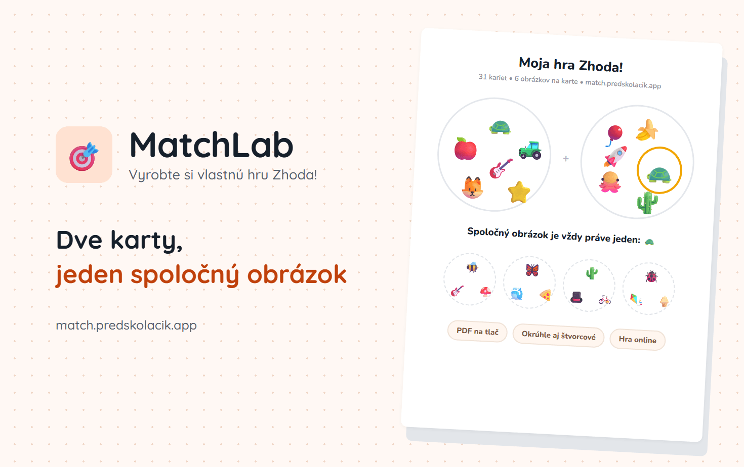 MatchLab – dve okrúhle karty hry Zhoda!, na ktorých je zvýraznený jediný spoločný obrázok