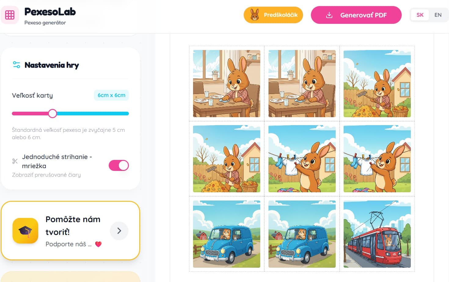 Screenshot generátora Pexesolab – tvorba pamäťovej hry z vlastných fotografií