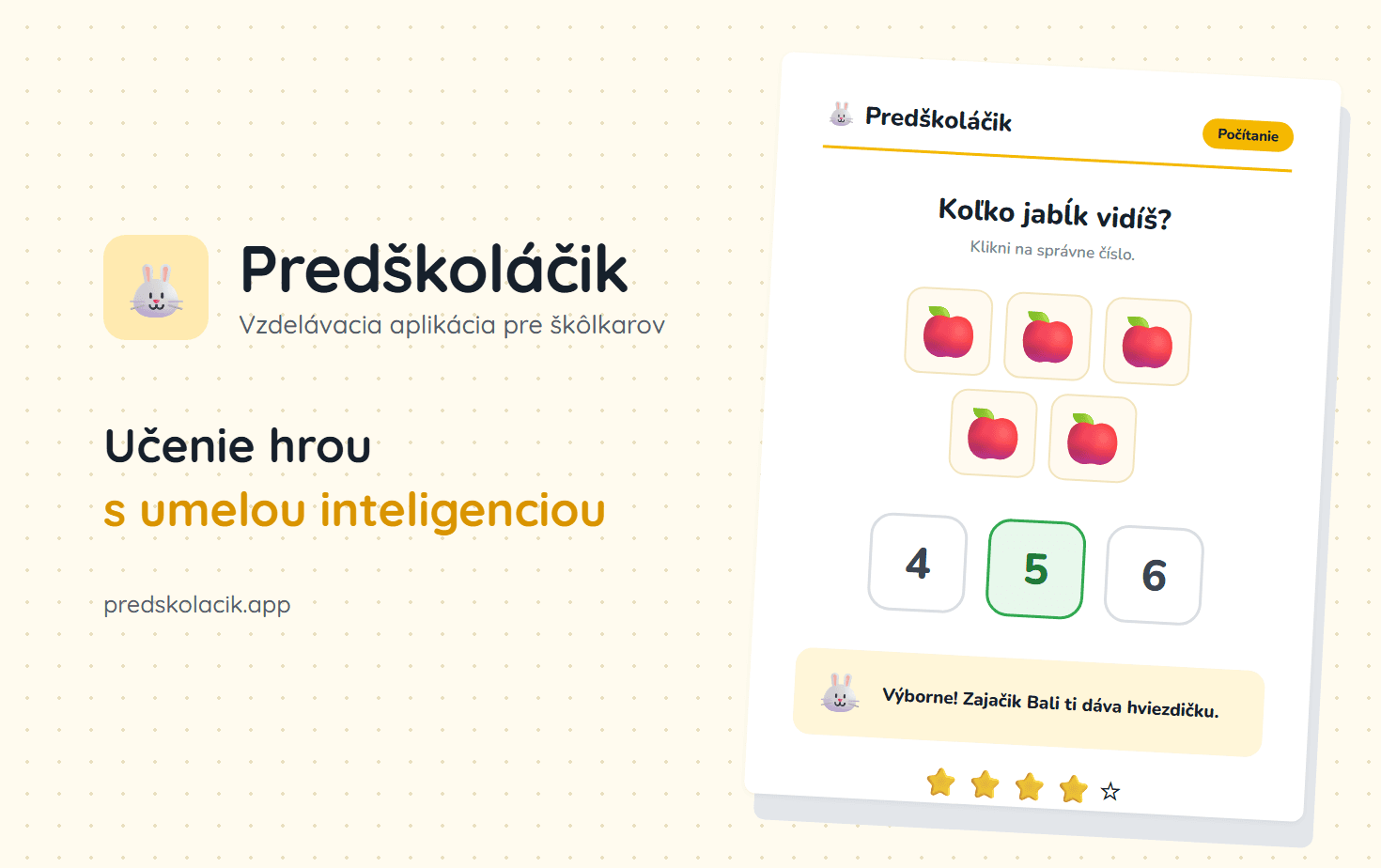 Predškoláčik – úloha na počítanie jabĺk so zajačikom Bali a hviezdičkami za odmenu