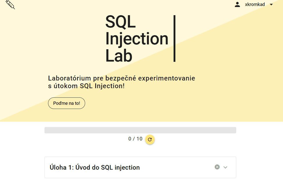 Screenshot SQL Injection Lab – cvičné prostredie na trénovanie bezpečnostných zručností