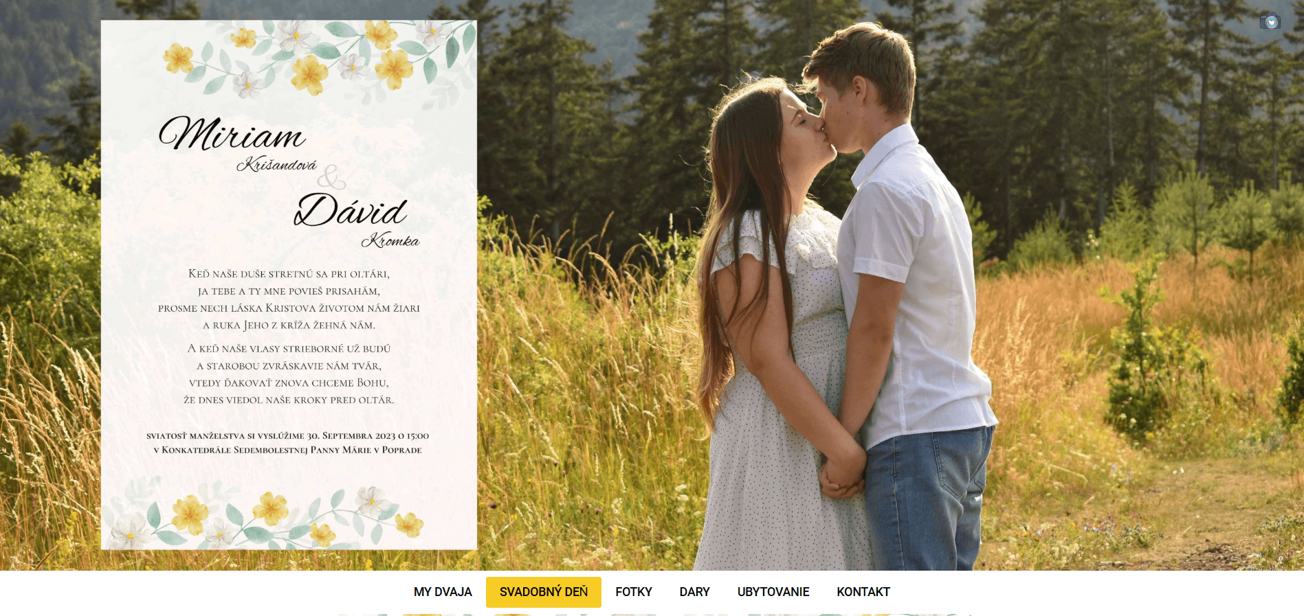 Screenshot svadobnej stránky Mirka a Dávid – informácie pre hostí a galéria fotografií