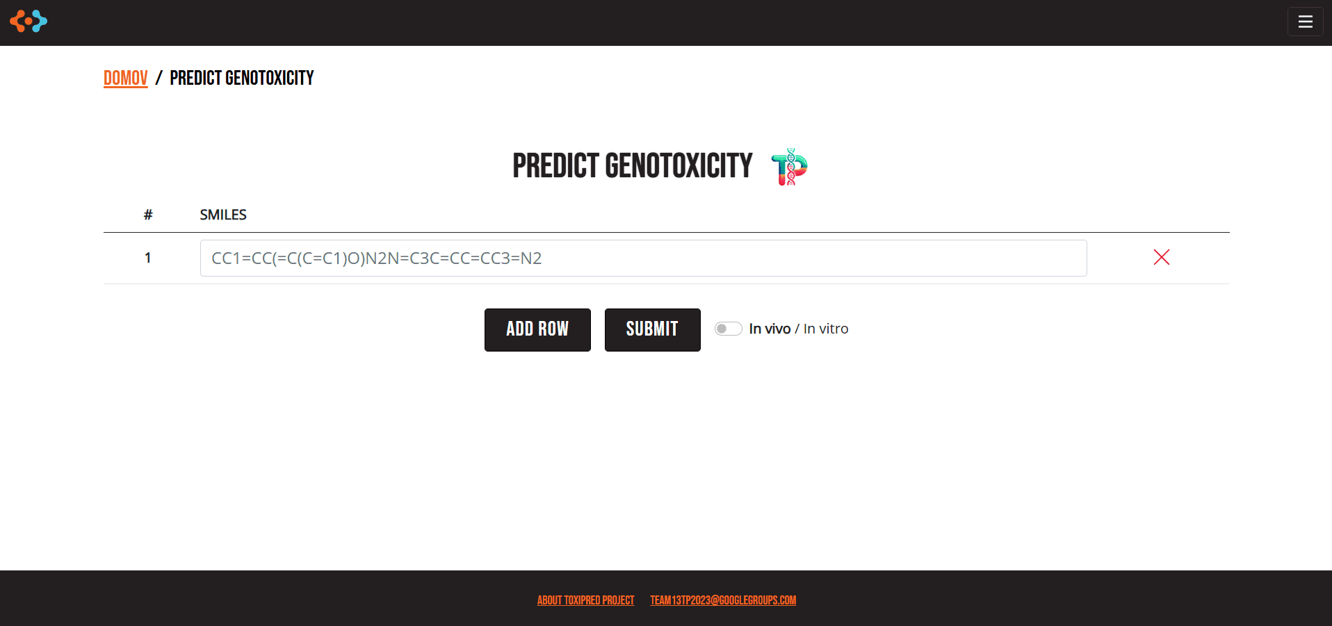 Screenshot nástroja Toxipred na predikciu genotoxicity látok pomocou strojového učenia
