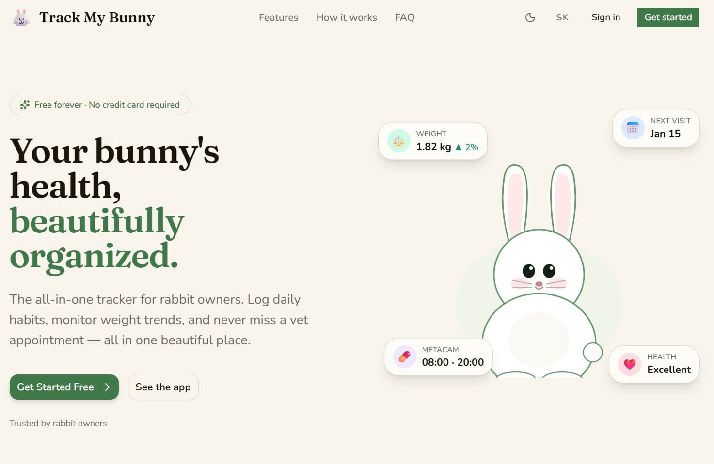 Screenshot aplikácie Track My Bunny – sledovanie zdravia a hmotnosti domácich králikov